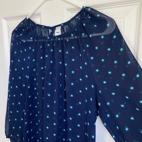 Old Navy sheer navy and turquoise patterned blouse - Picture 2 of 5